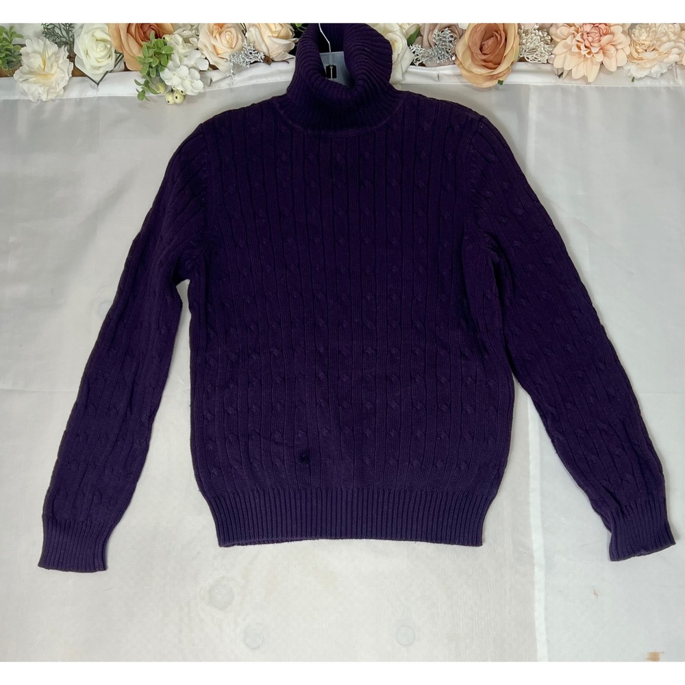 St. Johns Bay Classic Cable Turtleneck Sweater Purple Cotton Blend Womens Medium